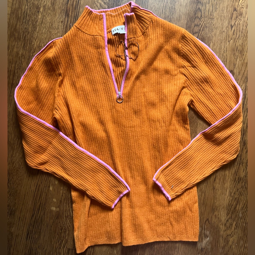 🛍️ NWOT Ava & Viv Orange Ribbed Sweater with Pink Trim